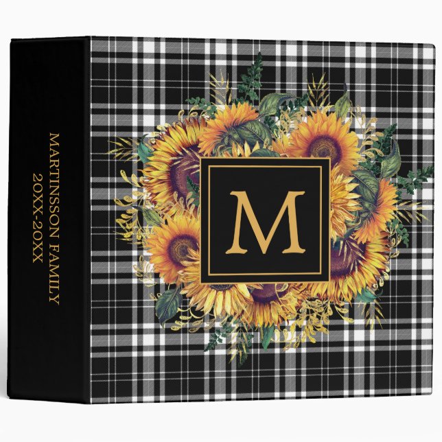 Yellow Sunflowers Black White Plaid Monogram  3 Ring Binder (Front/Spine)