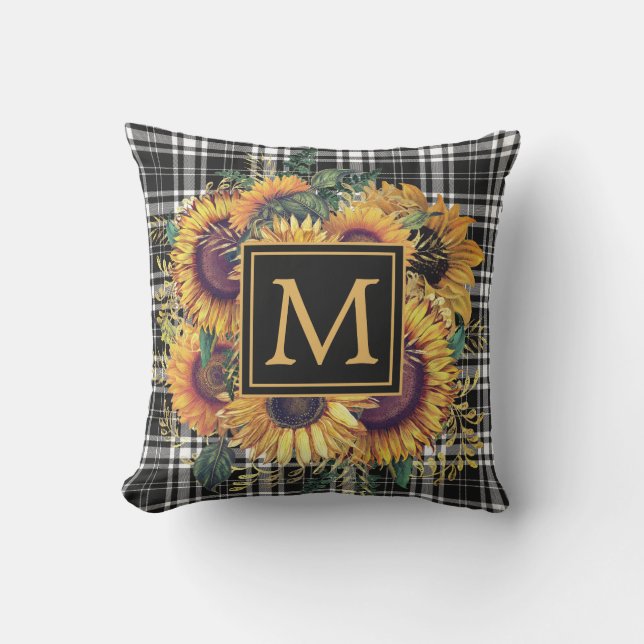 Yellow Sunflowers Black White Plaid Monogram  Outdoor Pillow (Front)