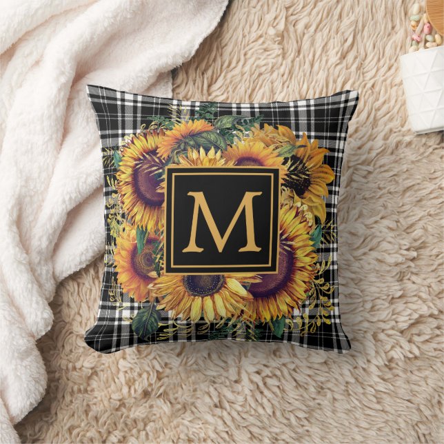 Yellow Sunflowers Black White Plaid Monogram Throw Pillow (Blanket)