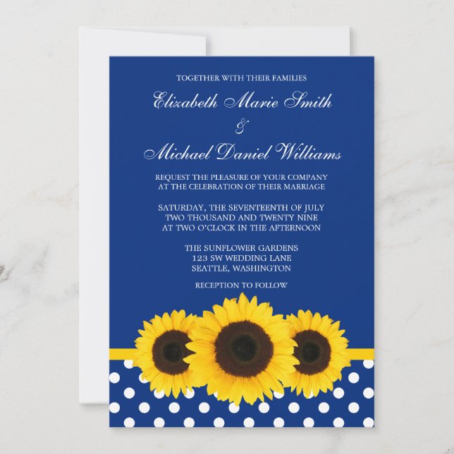 Yellow Sunflowers Blue and White Polka Dot Wedding Invitation (Front)