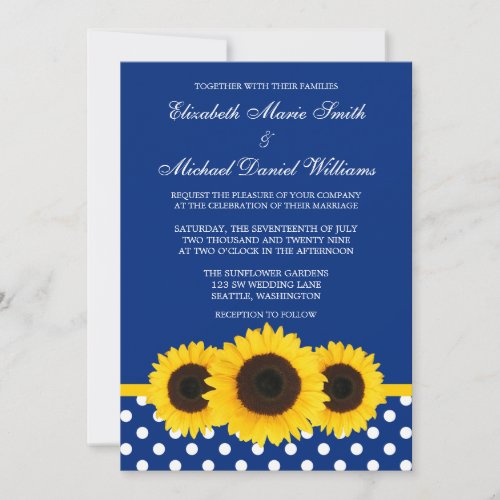 Yellow Sunflowers Blue and White Polka Dot Wedding Invitations