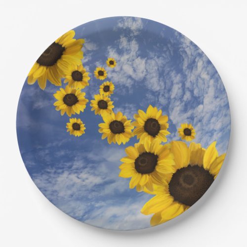 Yellow sunflowers blue sky paper plates