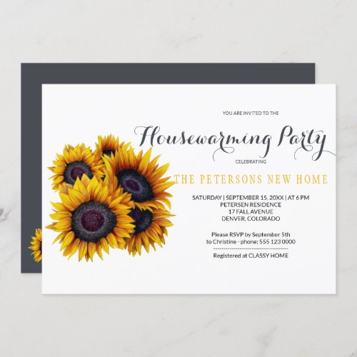 Yellow Sunflowers Bouquet Navy Housewarming Party Invitation