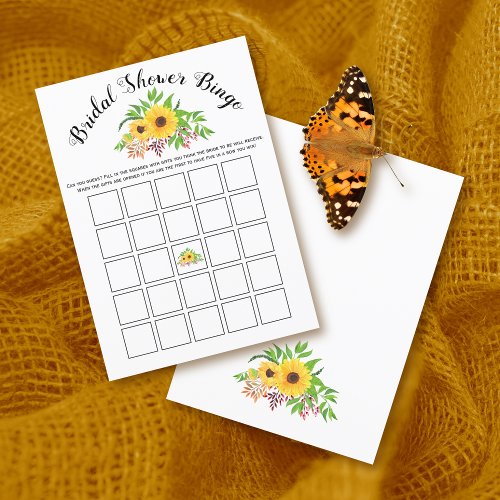 Yellow sunflowers bridal shower bingo game card