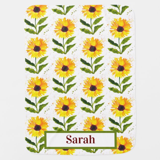 Yellow Sunflowers Brown Rustic Floral watercolor Baby Blanket (Front)