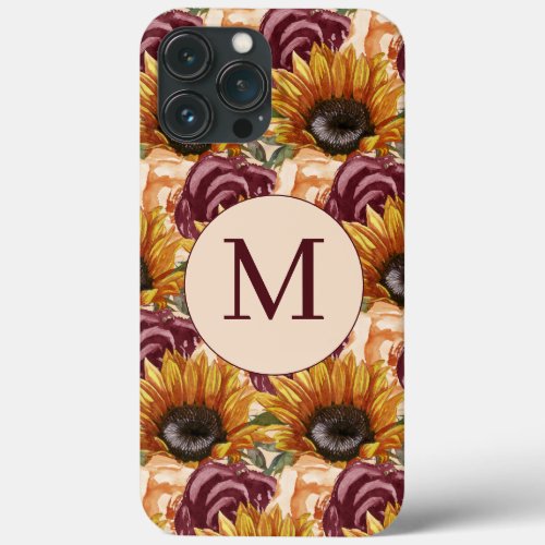 Yellow Sunflowers Burgundy Pink Floral Monogram iPhone 13 Pro Max Case