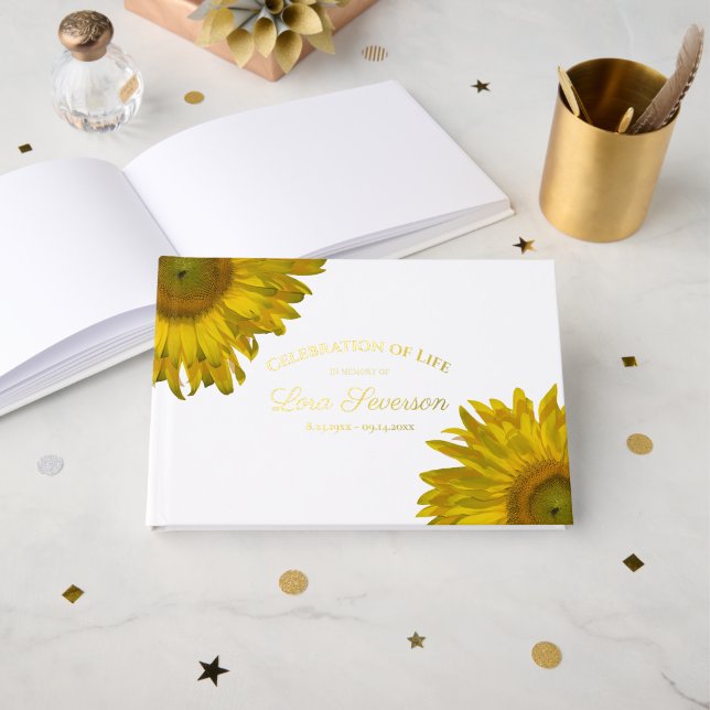 Yellow Sunflowers Celebration of Life Foil Guest Book (Front Open)