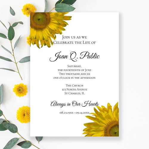 Yellow Sunflowers Celebration of Life Memorial Invitation