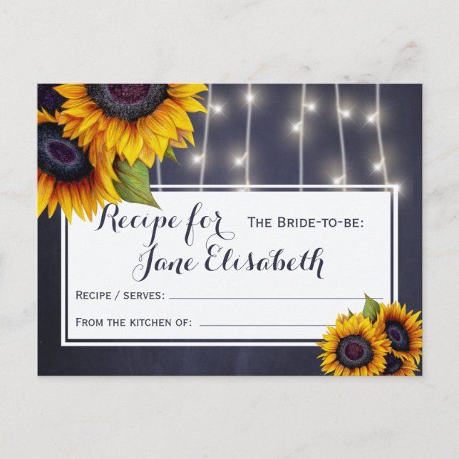 Yellow sunflowers chic navy bride to be recipe postcard (Front)