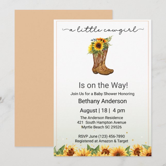 Yellow Sunflowers Cowgirl on the Way Baby Shower Invitation (Front/Back)
