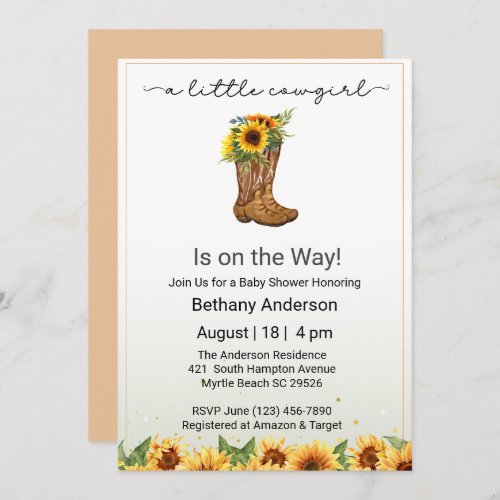 Yellow Sunflowers Cowgirl on the Way Baby Shower Invitation
