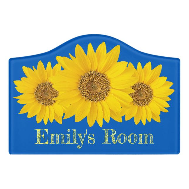 Yellow Sunflowers Custom Name Blue Door Sign (Small Crest Front)