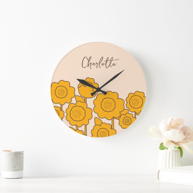  Yellow Sunflowers Customizable Name     Large Clock (Home)