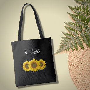 Yellow Sunflowers Elegant Floral Modern Black Tote Bag
