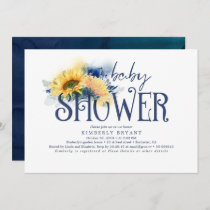 Yellow Sunflowers Elegant Navy Blue Baby Shower Invitation