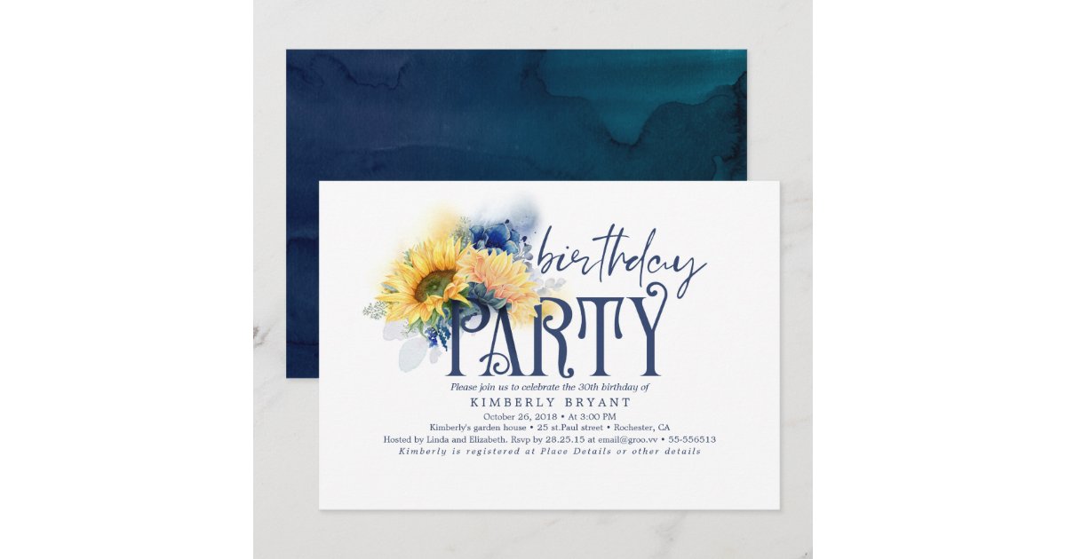 Yellow Sunflowers Elegant Navy Blue Birthday Invitation | Zazzle