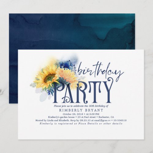 Yellow Sunflowers Elegant Navy Blue Birthday Invitation