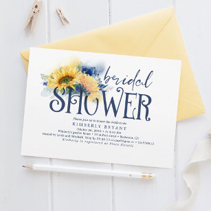 Yellow Sunflowers Elegant Navy Blue Bridal Shower Invitation