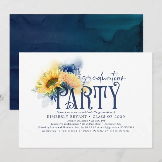 Yellow Sunflowers Elegant Navy Blue Graduation Invitation | Zazzle