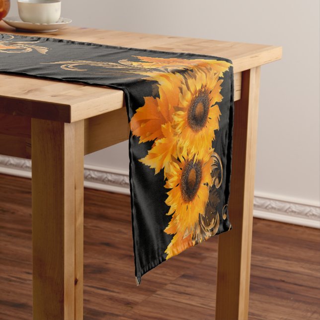 Yellow Sunflowers Fall Harvest on Black Short Table Runner (In Situ)