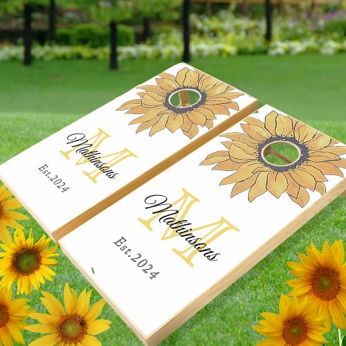 Yellow Sunflowers Family  name monogram year est Cornhole Set