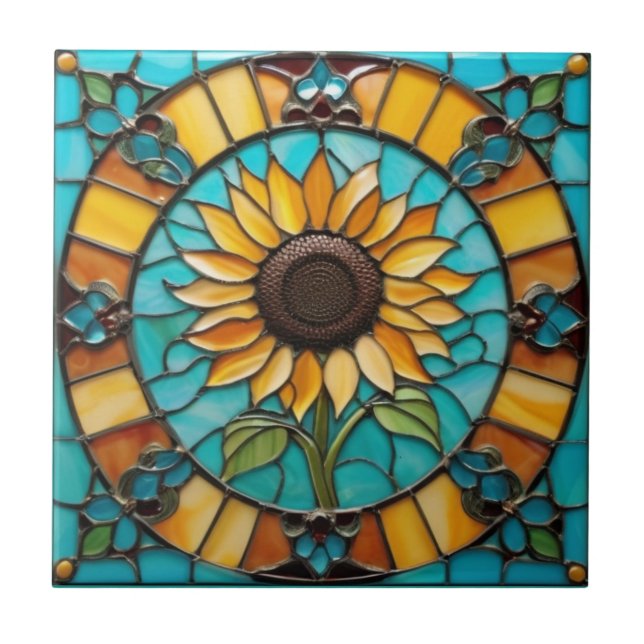 Yellow Sunflowers Faux Stained Glass Aqua Blue Ceramic Tile (Front)