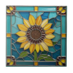 Yellow Sunflowers Faux Stained Glass Aqua Blue Ceramic Tile<br><div class="desc">"yellow sunflower flowers",  "sunflowers",  "aqua blue turquoise teal,  "bright happy vibrant",  "stain window summer garden",  "decorative flower head",  "ornamental floral ceramic tile",  "traditional modern contemporary",  "faux mosaic tiles",  "faux stained glass border"</div>