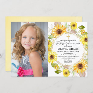Yellow sunflowers First Holy Communion photo Invitation