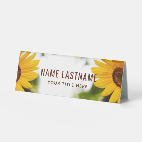 Yellow Sunflowers Floral Botanical White Name Table Tent Sign