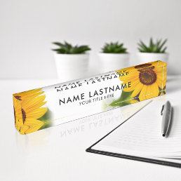 Yellow Sunflowers Floral Botanical White Title Desk Name Plate