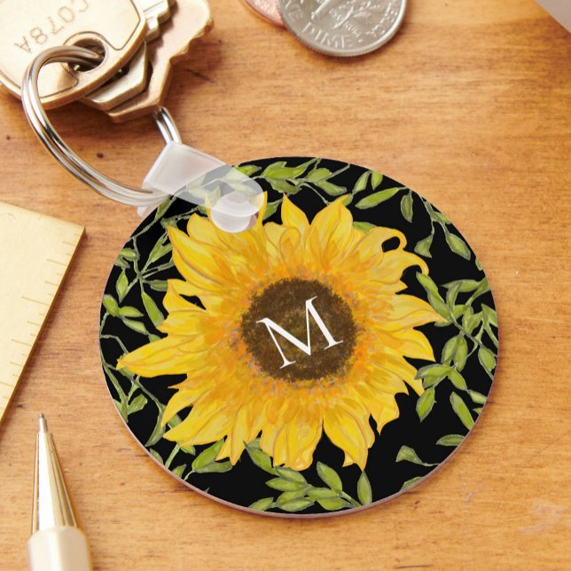 Yellow Sunflowers Floral custom monogram black Keychain (Creator Uploaded)