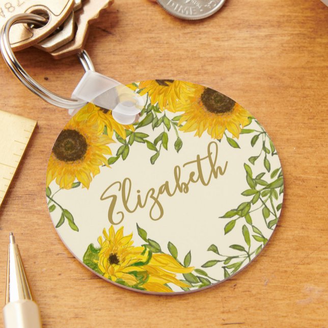 Yellow Sunflowers Floral custom name beige Keychain (Creator Uploaded)