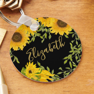 Yellow Sunflowers Floral custom name black Keychain