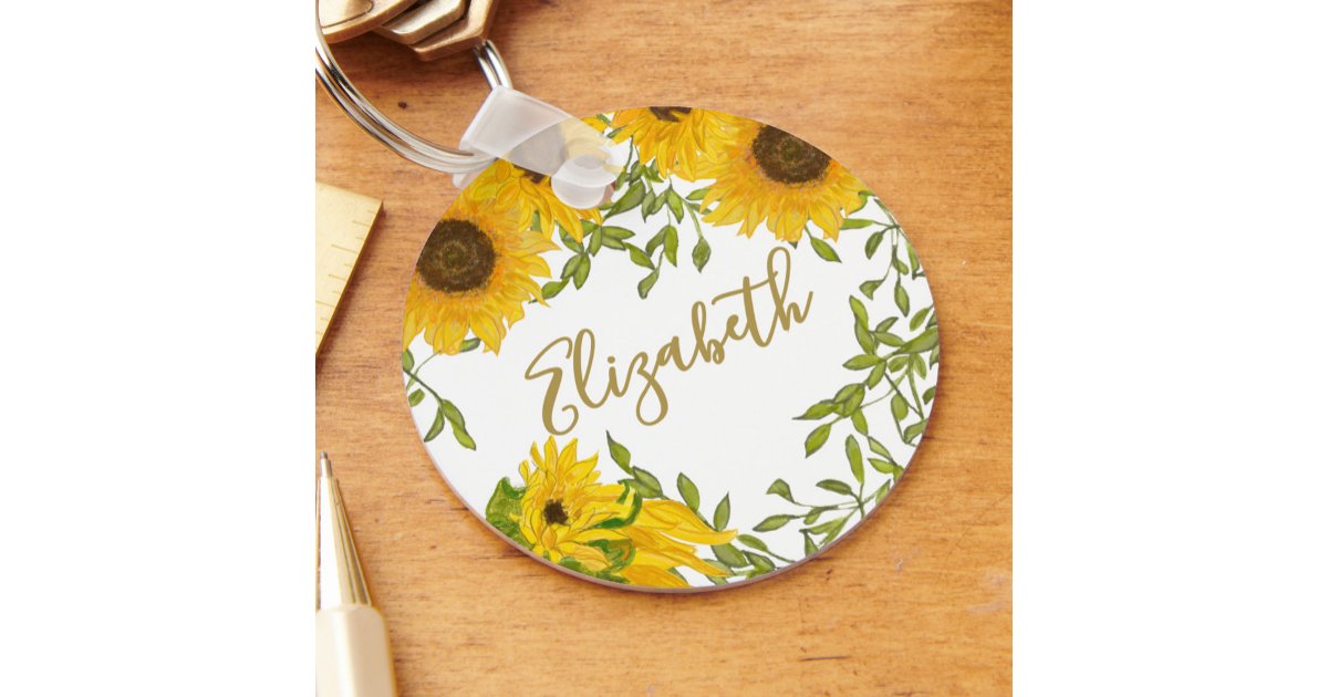 Yellow Sunflowers Floral custom name Keychain | Zazzle