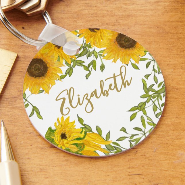 Yellow Sunflowers Floral custom name Keychain (Creator Uploaded)