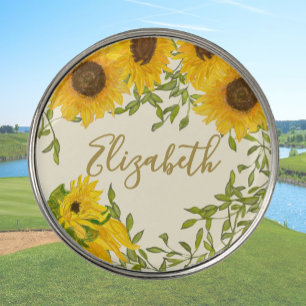 Yellow Sunflowers Floral custom name ladies  Golf Ball Marker