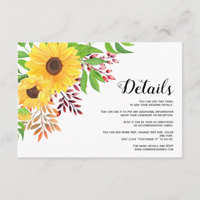 Yellow sunflowers floral fall wedding details enclosure card (Front)