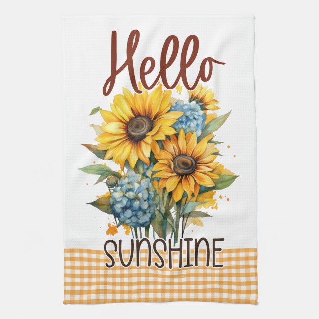 Yellow Sunflowers Floral Gingham Happy Sunshine Kitchen Towel (Vertical)