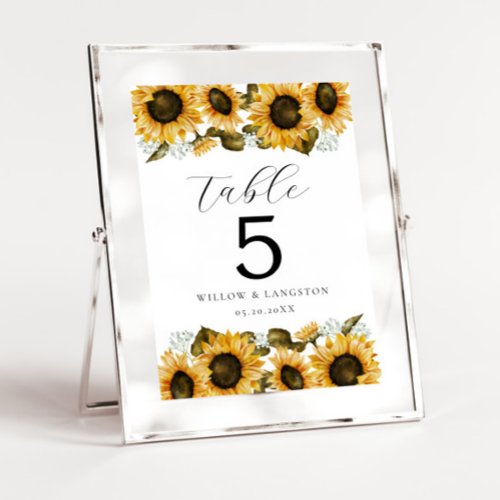 Yellow Sunflowers Floral Wedding Table Number