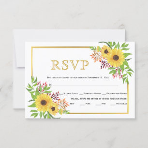 Yellow sunflowers, gold frame wedding RSVP card