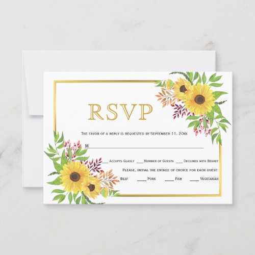 Yellow sunflowers gold frame wedding RSVP card