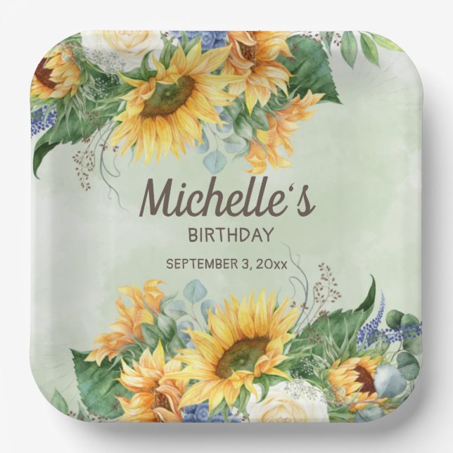 Yellow Sunflowers Green Eucalyptus Birthday Paper Plates (Front)