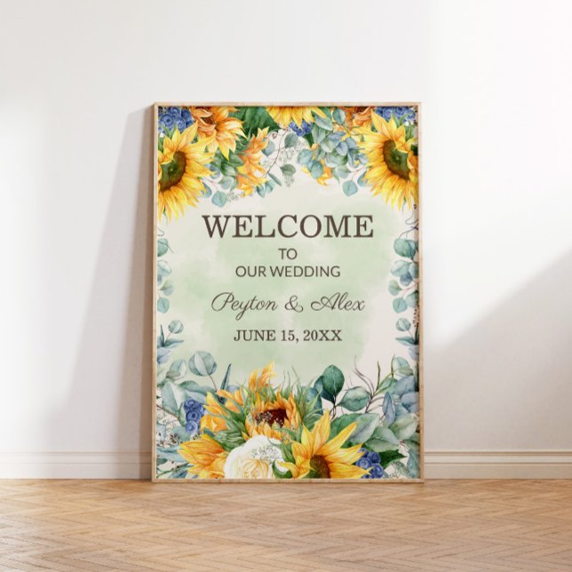 Yellow Sunflowers Green Eucalyptus Leaves Wedding  Poster (Sunflowers and eucalyptus wedding "Welcome" poster)