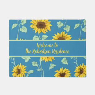 Yellow sunflowers green leaves blue background doormat