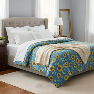 Yellow sunflowers green leaves blue background duvet cover