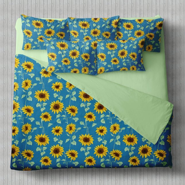 Yellow sunflowers green leaves blue background duvet cover (Creator Uploaded)