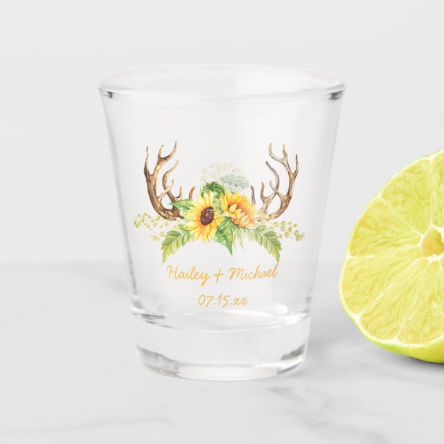 Yellow Sunflowers Greenery Antlers Wedding Favor Shot Glass (Front)