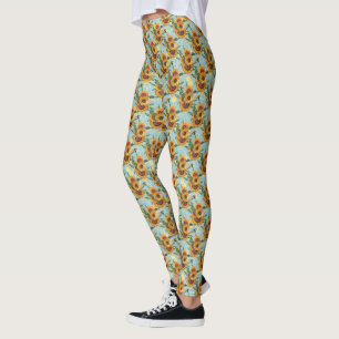Yellow Sunflowers Honeycomb Pale Blue Leggings