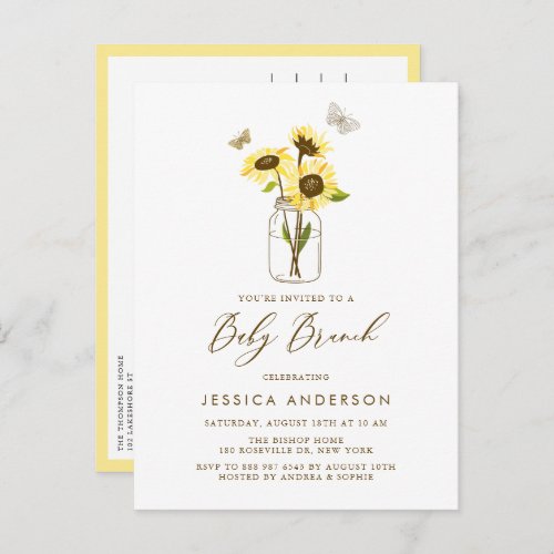 Yellow Sunflowers in a Mason Jar Baby Brunch Invitation Postcard
