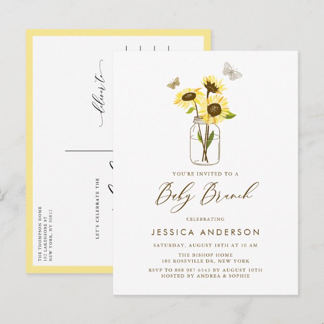 Yellow Sunflowers in a Mason Jar Baby Brunch Invitation Postcard (Front/Back)
